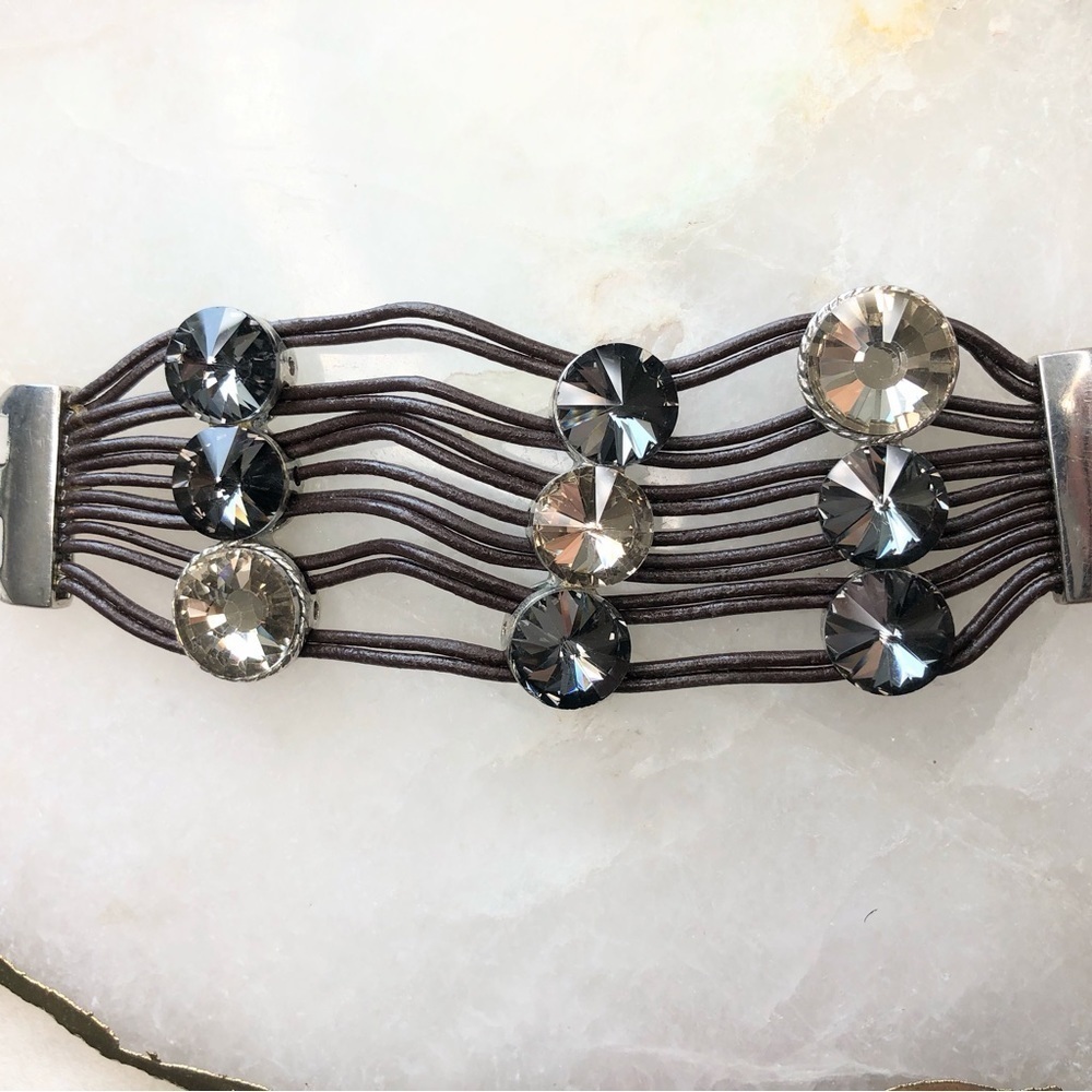 Stunning vintage brown leather & crystal edgy chic statement bracelet
